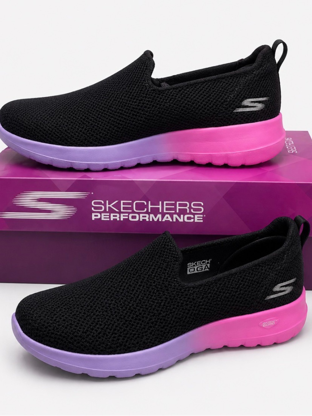 Skechers Women's Black Slip-On Sneakers with Pink and Lavender Gradient Sole